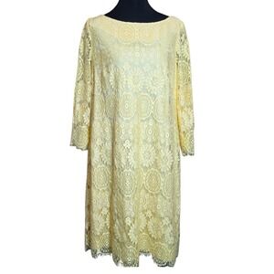 JH Yellow Lace Dress 3/4 Sleeve Floral Party Cocktail Elegant Size 16‎